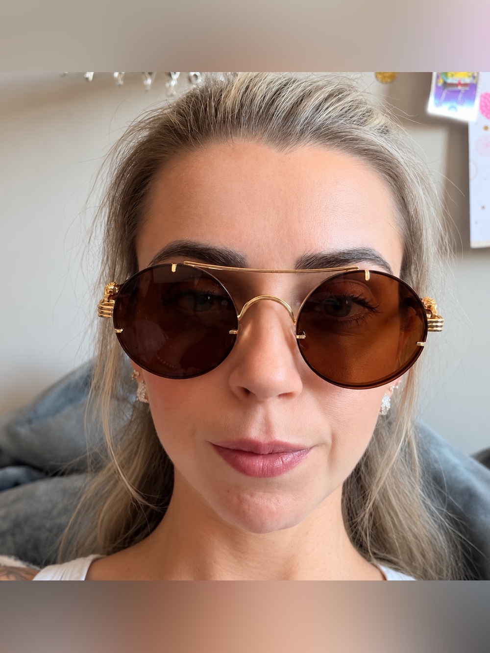 #71 Vintage-Inspired Round Sunglasses with Brown Lenses & Gold Leopard Detail